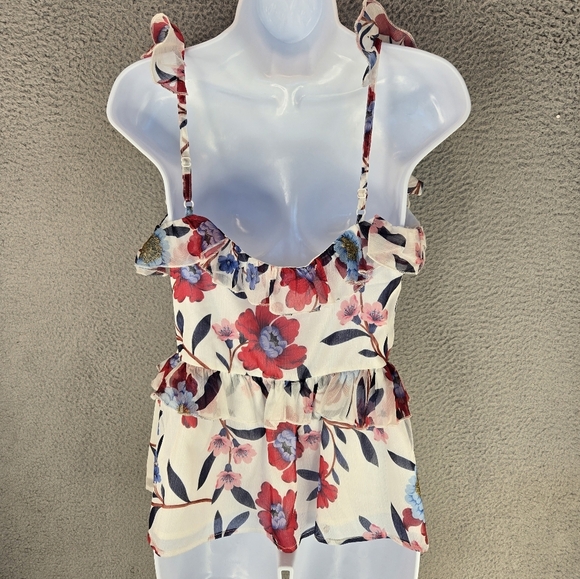 French Connection Womens Cami Top Sz 4 Aden Lurex Frill Ruffle Adj Straps Floral - Picture 6 of 13